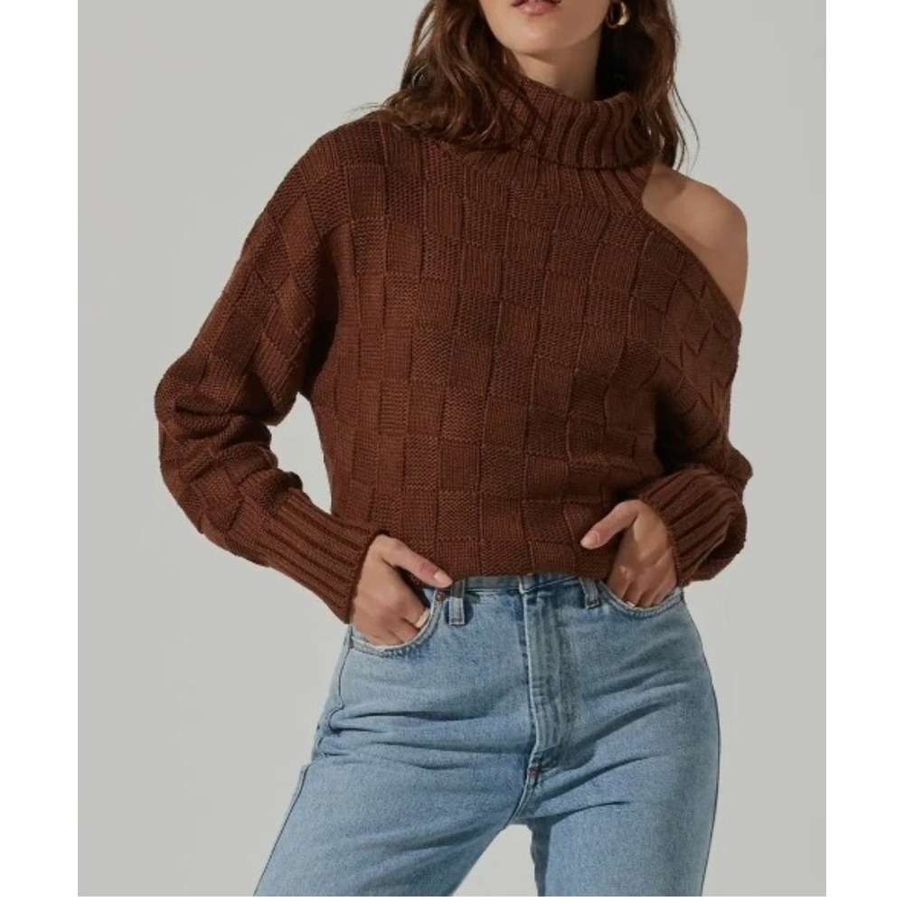 ASTR The Label Cold Shoulder Sweater‎ Wm XL Brown Checkerboard Knit AT17528 Cozy - Picture 2 of 5